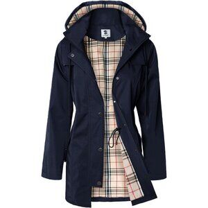 Women's Navy Blue Waterproof Long Raincoat Outdoor Windbreaker Jacket with Hood
